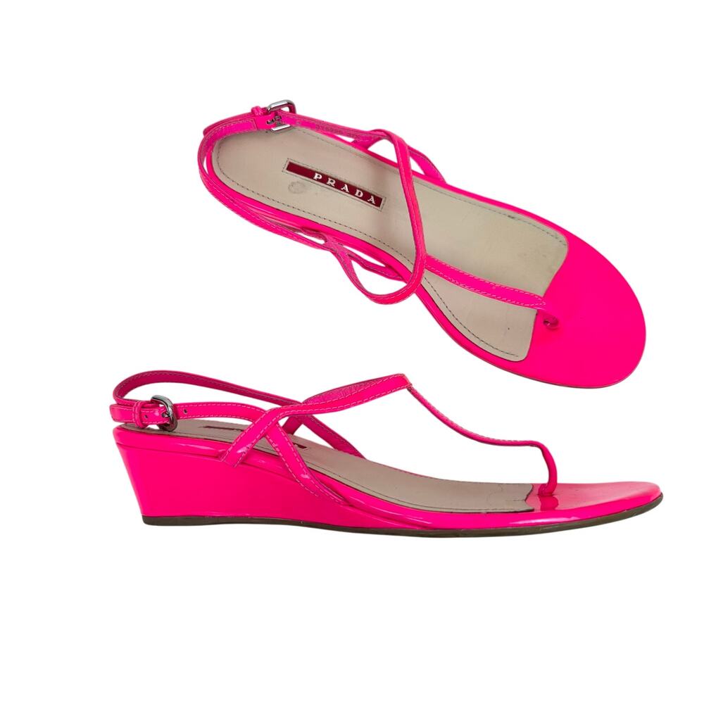 Prada Neon Pink Patent Leather Wedge Sandals Low Heel 37.5